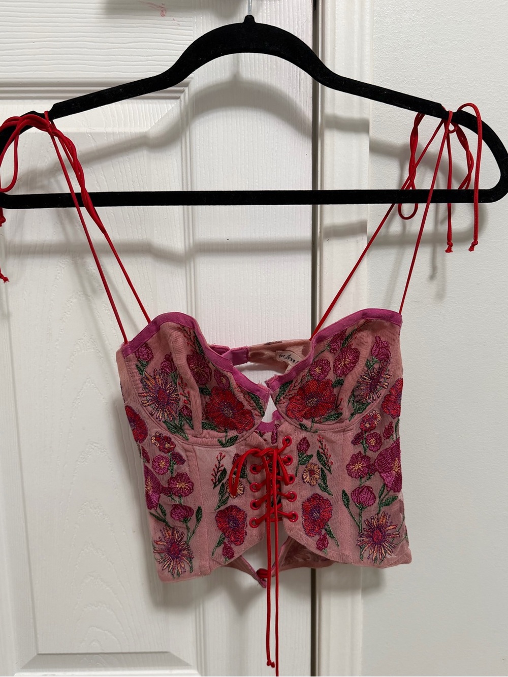 For Love And Lemons Pink Floral Embroidered Corset Top